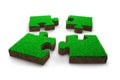 Four jigsaw puzzles with green grass red soil, 3D illustration Royalty Free Stock Photo