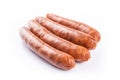 Four juicy fresh sausages isolated on white background. Generative ai