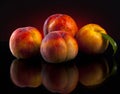 Four juicy peaches and green leaves on a black background Royalty Free Stock Photo