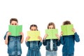 Four kids in denim clothes holding books isolated on white. Royalty Free Stock Photo