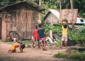 Four kids playing basketball in the jungle