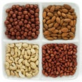 Four kinds of nuts in four compartments of combination plate Royalty Free Stock Photo