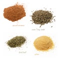 Four kinds of spices. Ground cinnamon, cumin, gelatin, dried basil. White isolated background.Top view.