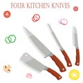 Four kitchen knives for the chef for chefs with vegetables. EPS10. Royalty Free Stock Photo