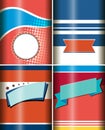Four label designs in red and blue