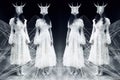 Four lamas in long white dresses stand , concept of Cultural traditions, created with Generative AI technology