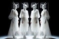 Four lamas in long white dresses stand , concept of Cultural traditions, created with Generative AI technology