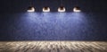 Four lamps over blue concrete wall 3d rendering