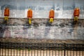 Four red Chinese lanterns against a mottled wall