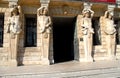 Four large statues on either side of the entrance of the Villa Pisani at Stra which is a town in the province of Venice in the Ven