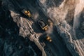 Heavy machinery working in a quarry during golden hour, showcasing trucks transporting materials in an active Royalty Free Stock Photo