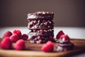 Four-layer chocolate cake tower with raspberries and nuts on wooden tray.