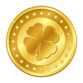 Four-leaf clover gold coin with stars. Saint Patrick`s day. Irish. Shamrock. Lucky. Vector Royalty Free Stock Photo