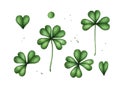 Four leaf clover. Green watercolor leave isolated on white background. Patricks Day design element