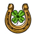 Horseshoe and four leaf clover. Symbol of good luck and success. Vintage vector illustration