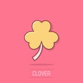 Four leaf clover icon in comic style. St Patricks Day cartoon vector illustration on isolated background. Flower shape splash Royalty Free Stock Photo