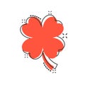 Four leaf clover icon in comic style. St Patricks Day cartoon vector illustration on white isolated background. Flower shape Royalty Free Stock Photo