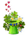 A four-leaf clover from a Lepricon hat with a ladybug and hearts, flowers, for good luck. Watercolor illustration