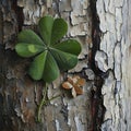 four-leaf clover lying on wood bark