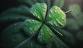 a four leaf clover with water droplets on it\'s leaves. generative ai Royalty Free Stock Photo