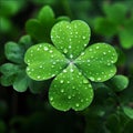 Four-leaf green clover, close-up view, small drops of dew, water. Green four-leaf clover symbol of St. Patrick\'