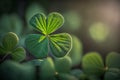 four-leaf green clover for good luck on St. Patrick's Day, bright green background, copy space, generative ai Royalty Free Stock Photo