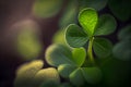 Four-leaf green clover for good luck on St. Patrick's Day, bright green background. Copy space. Generative Ai Royalty Free Stock Photo