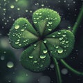 Four-leaf green clover with raindrops, dew on dark background. Green four-leaf clover symbol of St. Patrick\' Royalty Free Stock Photo