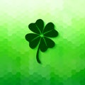 Four leaved clover with soft shadow. Vector lucky symbol isolated on bright green honeycomb background. All isolated and layered