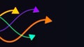 Four led glow yellow green orange and purple arrows move in waves in the frame on dark. Business infographic and study education