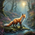 A four-legged fox against the backdrop of an ethereal forest