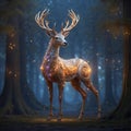 A four-legged good-natured deer, clad by an intricate luminous fractal path against an ethereal forest