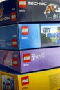 Four Lego boxes in stack