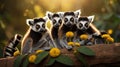 A Captivating Group of Ring-Tailed Lemurs Resting on a Branch with Yellow Flowers Royalty Free Stock Photo