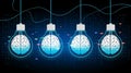 Four Light Bulbs with Brain on Blue Digital Background Royalty Free Stock Photo