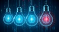 Four Lightbulbs with Glowing Brains and Binary Code Background Royalty Free Stock Photo