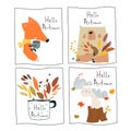 Four Little Illustration with Funny Cartoon Animals meeting Autumn