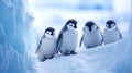 Four little penguin chicks in the snow