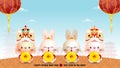 Four little rabbit holding coins of gold chinese new year 2023 year of the rabbit zodiac, gong xi fa cai Cartoon isolated on white