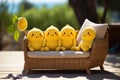 Four little yellow plush toys sit on a mini couch on a wooden surface with a blurred natured background. For themes of