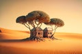 four lonely trees in desert sand dunes grow by small house