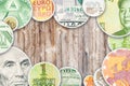 Four main world currencies banknotes in circle collage