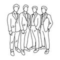 Four male businesspeople standing together vector illustration sketch doodle hand drawn with black lines isolated on white