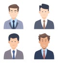 Four male characters in business attire. Corporate men avatars with different hairstyles. Professional male team
