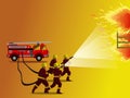 Four male firefighters spraying water on a burning building with fire trucks and yellow background