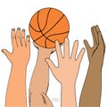Four male hands attack basket ball. Playing, holding, throwing. Hand drawn colored sketch. Isolated on white background