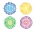 4 Mandalas in 4 colors. Openwork colorful circular ornament with Aum / Ohm / Om symbol. Yellow, orange, blue, green, red, purple.