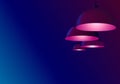 Four maroon ceiling lighting billiards or cafe. Lamps hanging and shine cold dark pink color. Concept pendant bulbs. Abstract neon