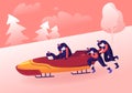 Four Men Bobsleigh Team Pushing Bob and Sliding Downhills during Winter Olympics Games Competition