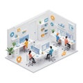 Four men are seated at desks in an isometric office environment, working on Royalty Free Stock Photo
